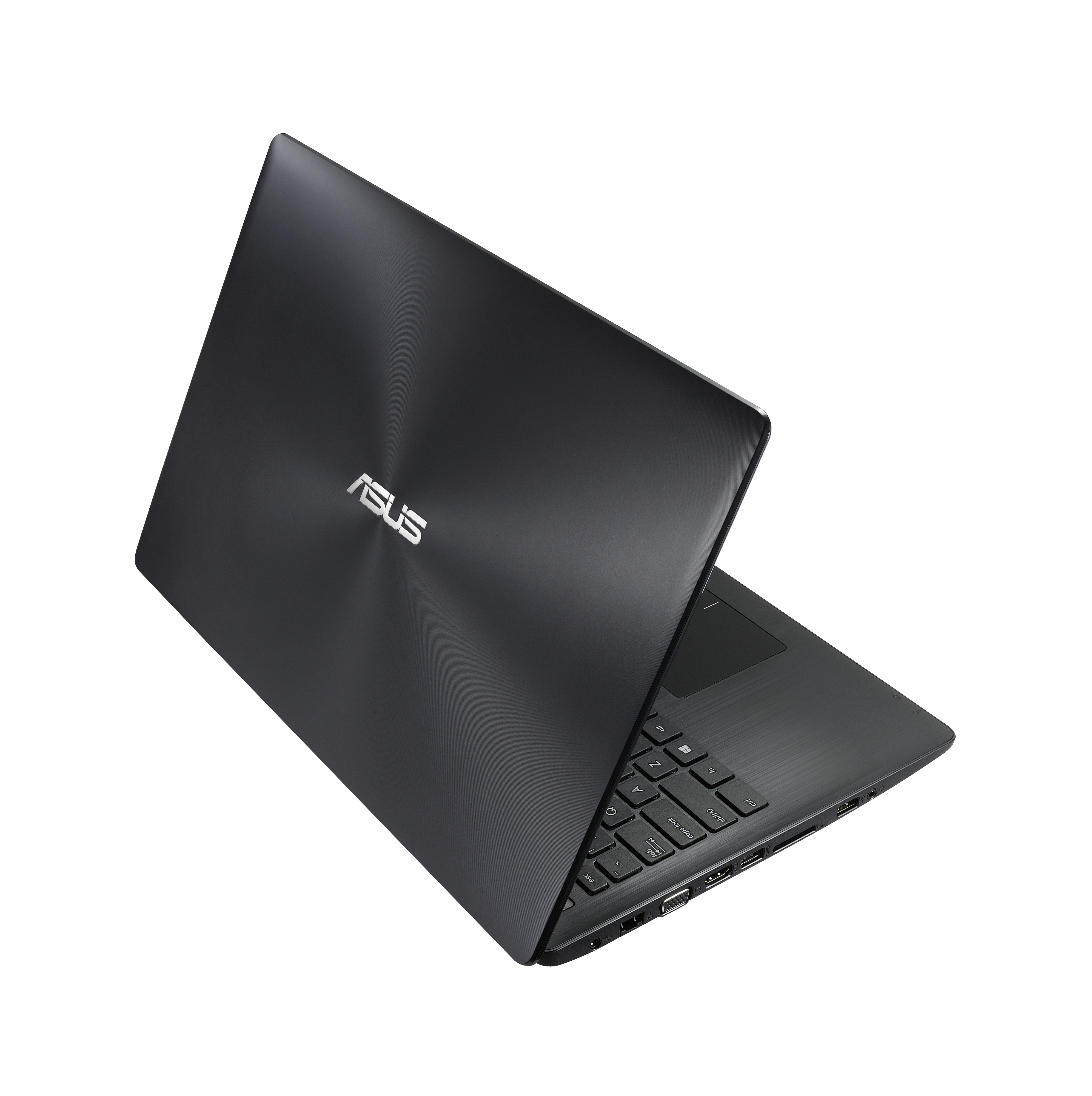 Ein schwarzer ASUS-Laptop mit teilweise geschlossenem Bildschirm auf weißem Hintergrund.