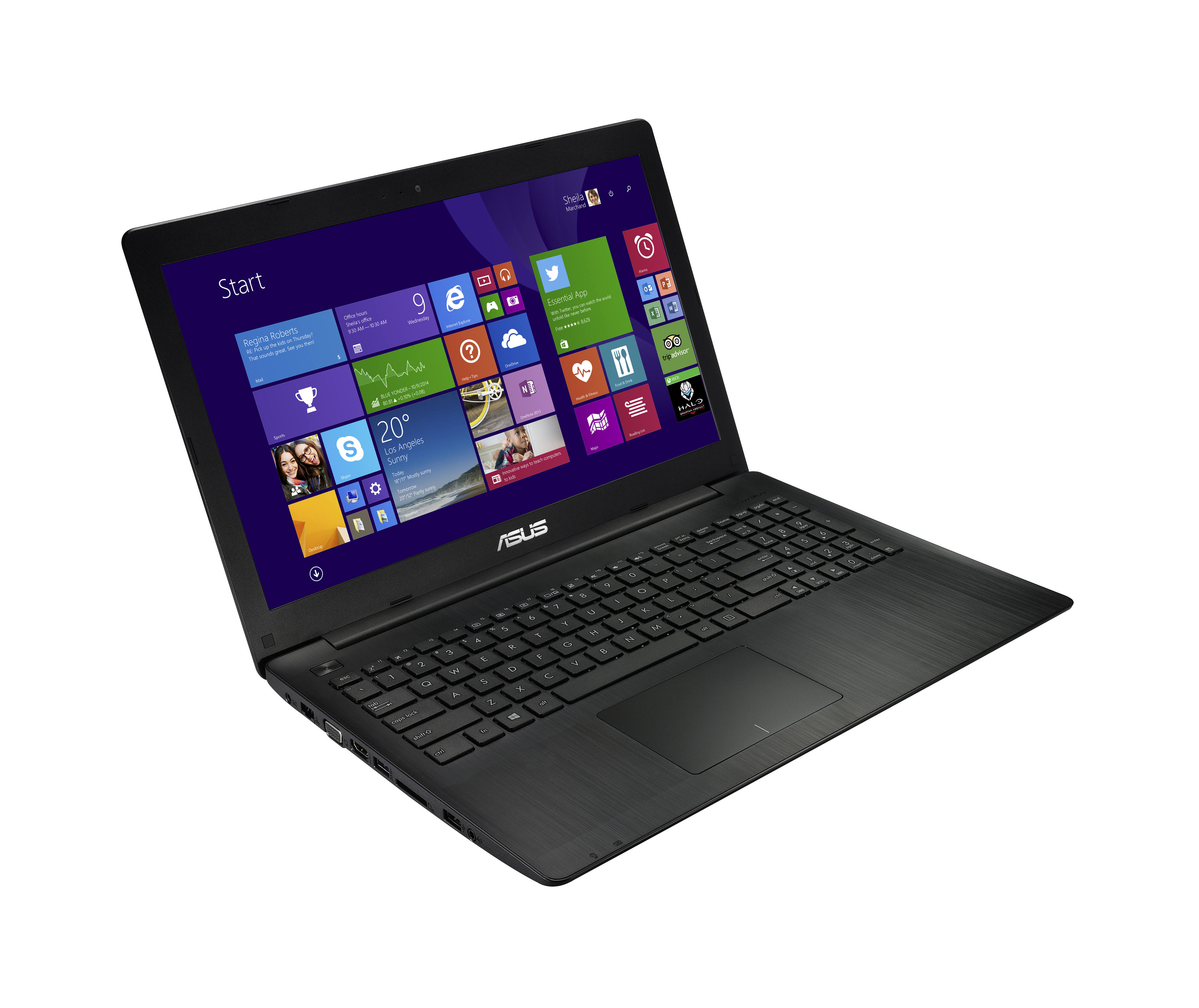 Ein schwarzer Asus-Laptop mit Windows 8 Startbildschirm auf dem Display steht auf einer weißen Oberfläche.