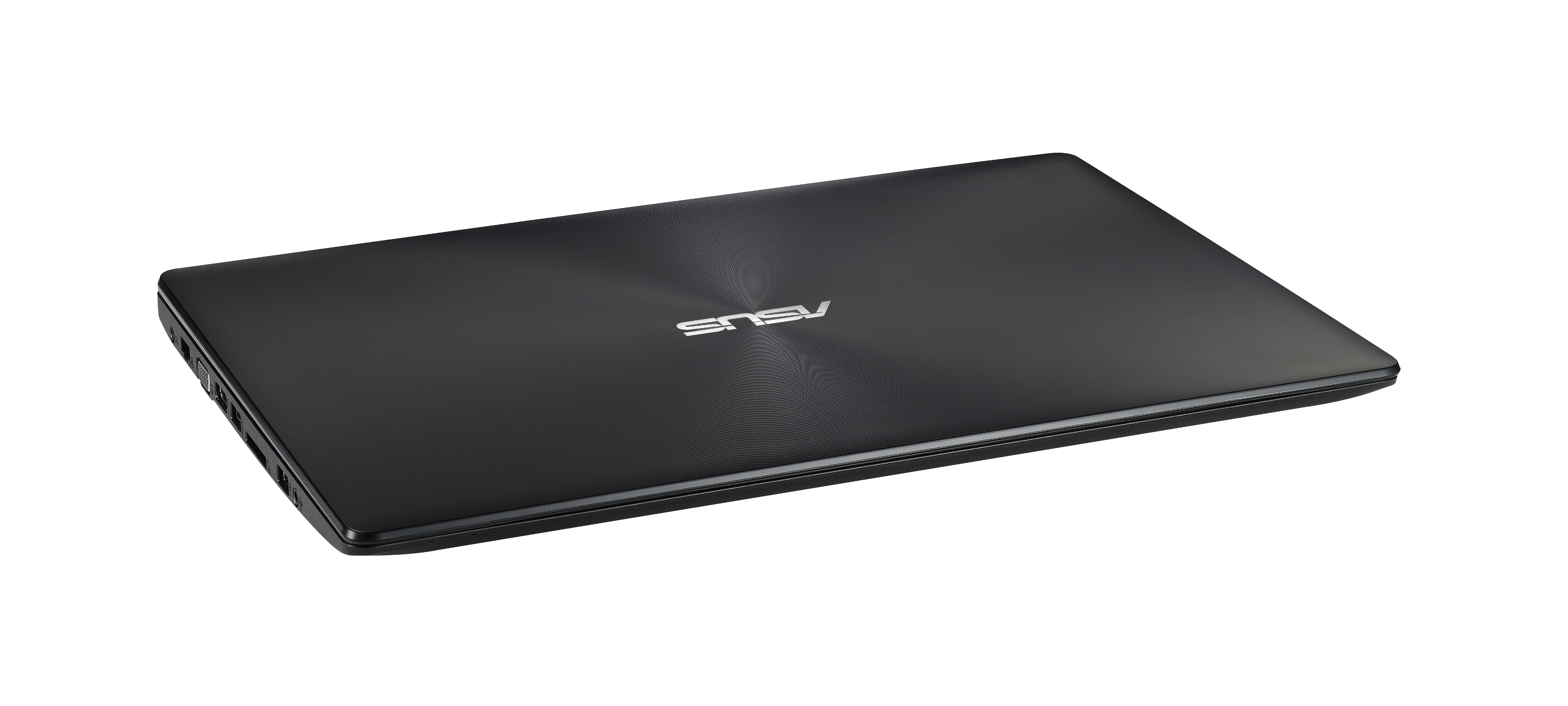 Ein geschlossener schwarzer Asus-Laptop in Schrägansicht mit strukturiertem Metalldeckel und silbernem Logo.