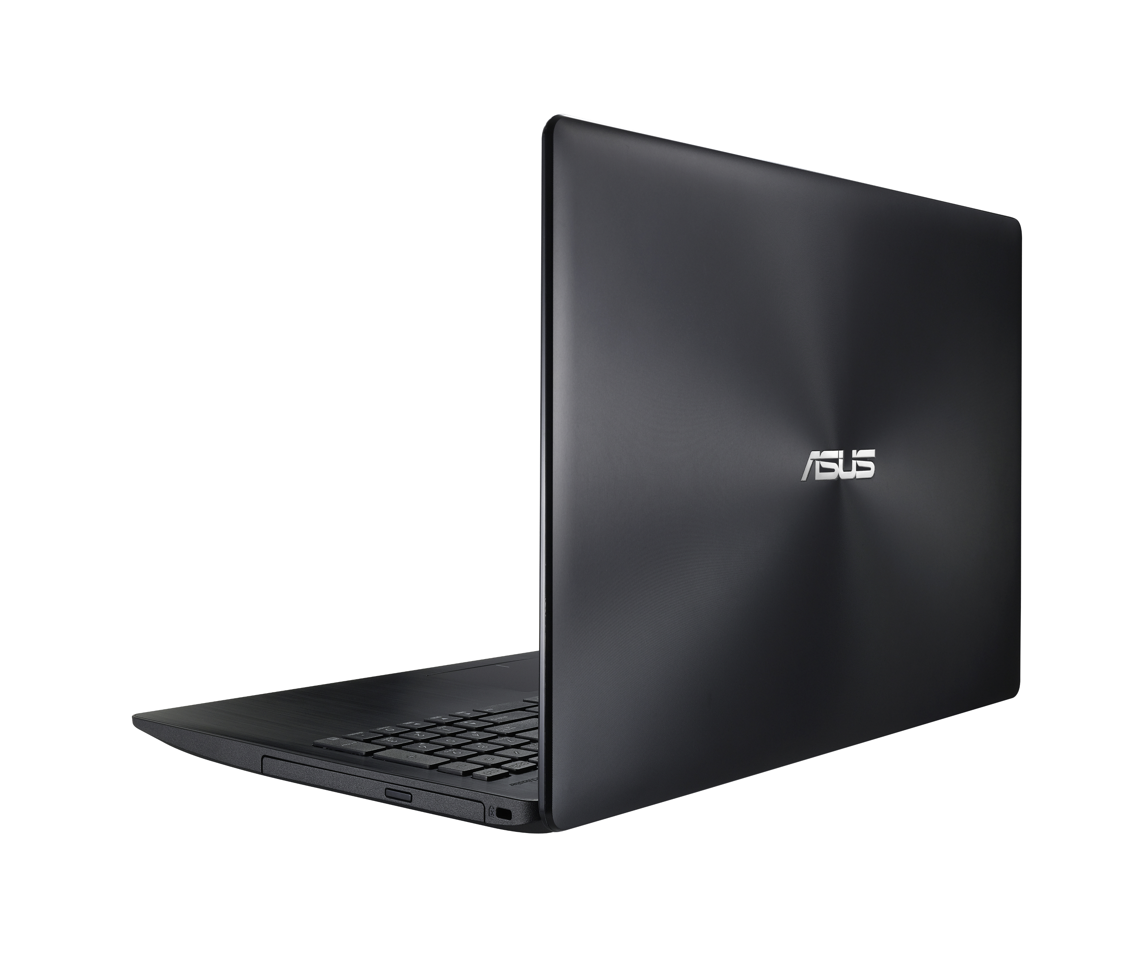 Ein schwarzer ASUS-Laptop in Rückansicht zeigt den strukturierten Deckel und das silberne Logo vor weißem Hintergrund.