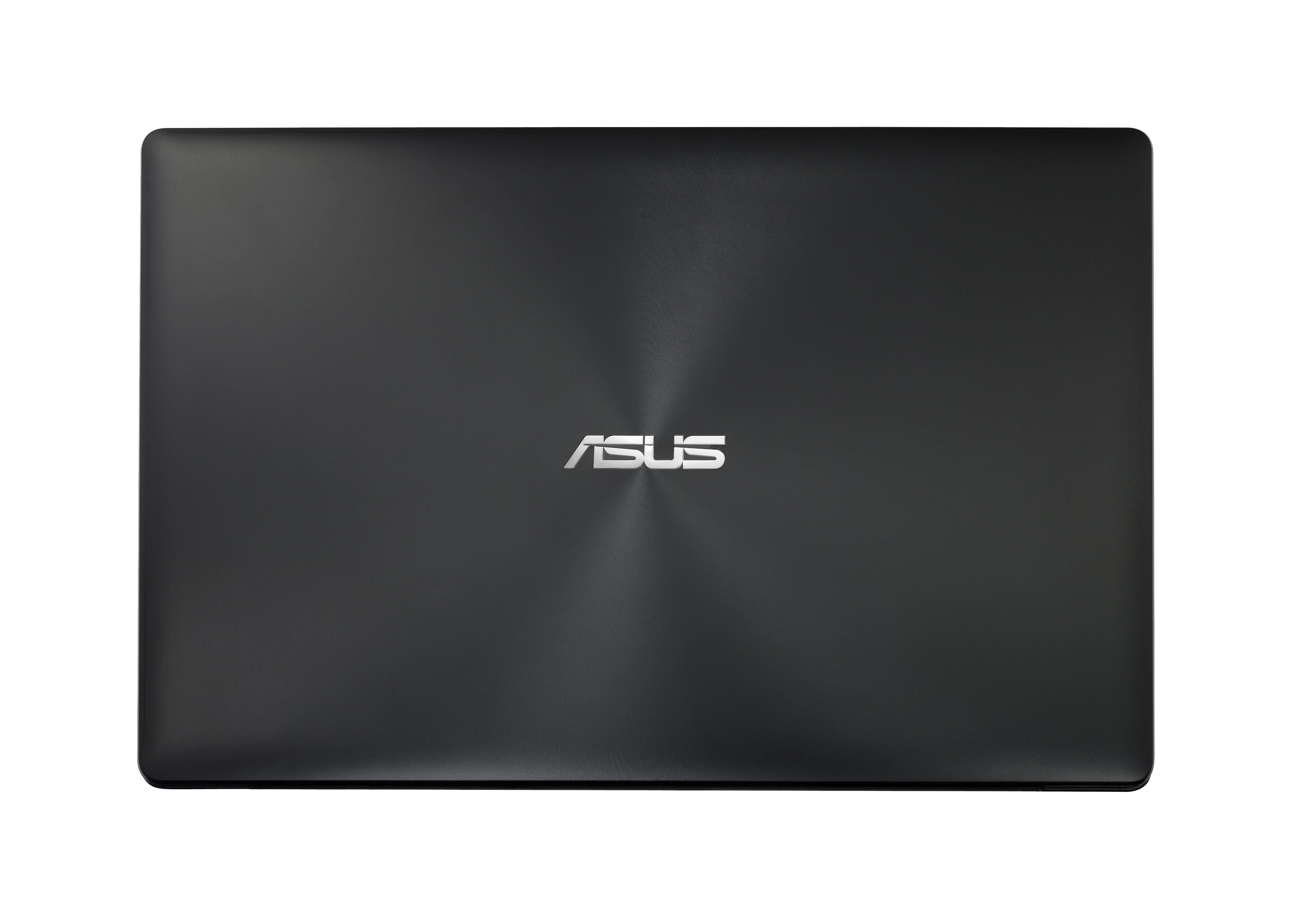 Geschlossener schwarzer Asus-Laptop mit zentriertem silbernem Logo auf strukturiertem Deckel.