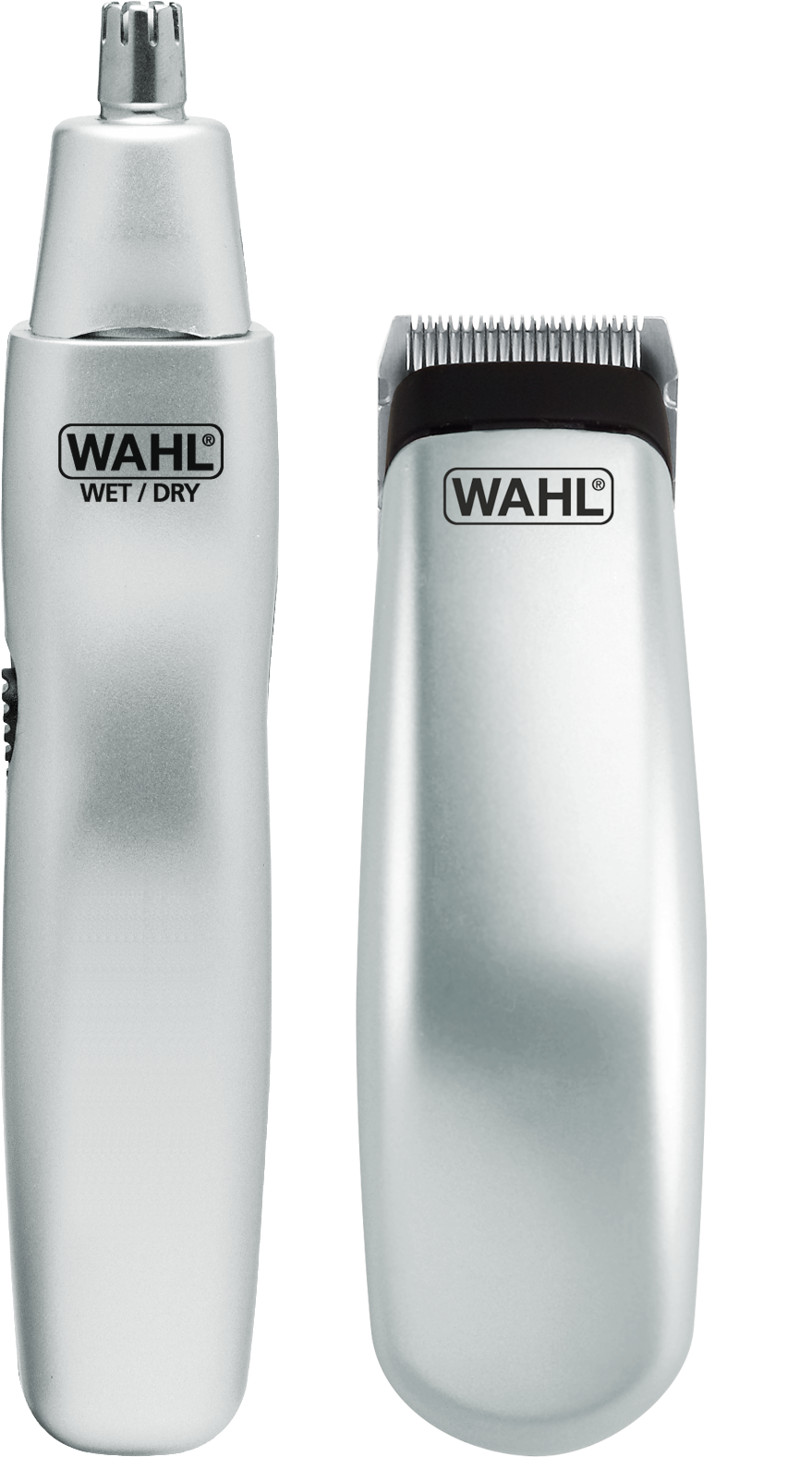 Twee zilveren Wahl verzorgingsapparaten: een neustrimmer en een baardtrimmer. Beide zijn zilver.