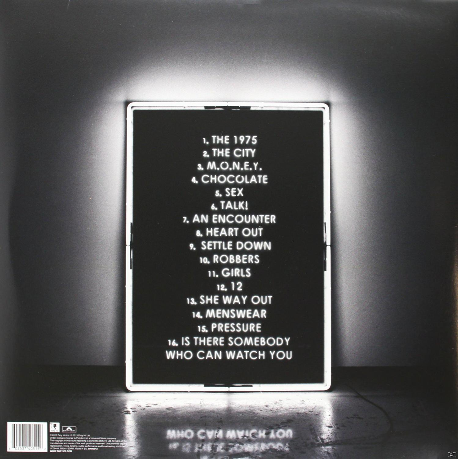 Albumcover von The 1975 mit schwarzem Hintergrund und einem beleuchteten Rahmen mit den Songtiteln.
