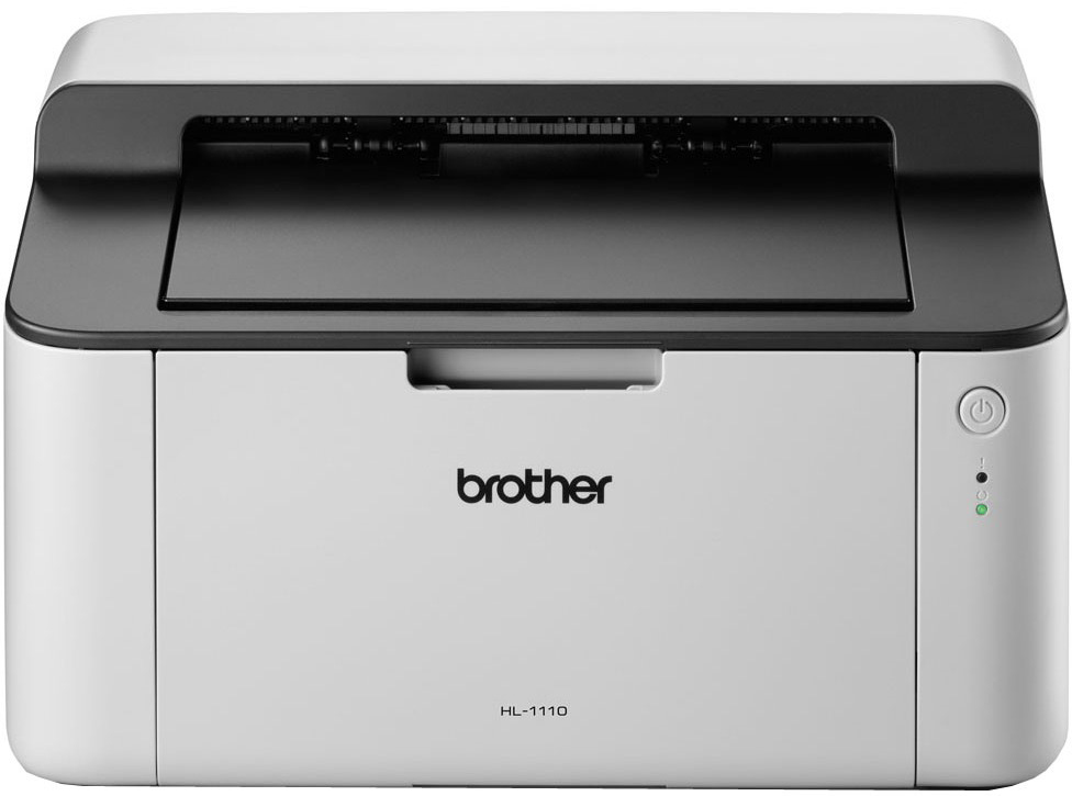 Witte Brother-printer. Zwarte bovenkant en aan/uit-knop rechts.