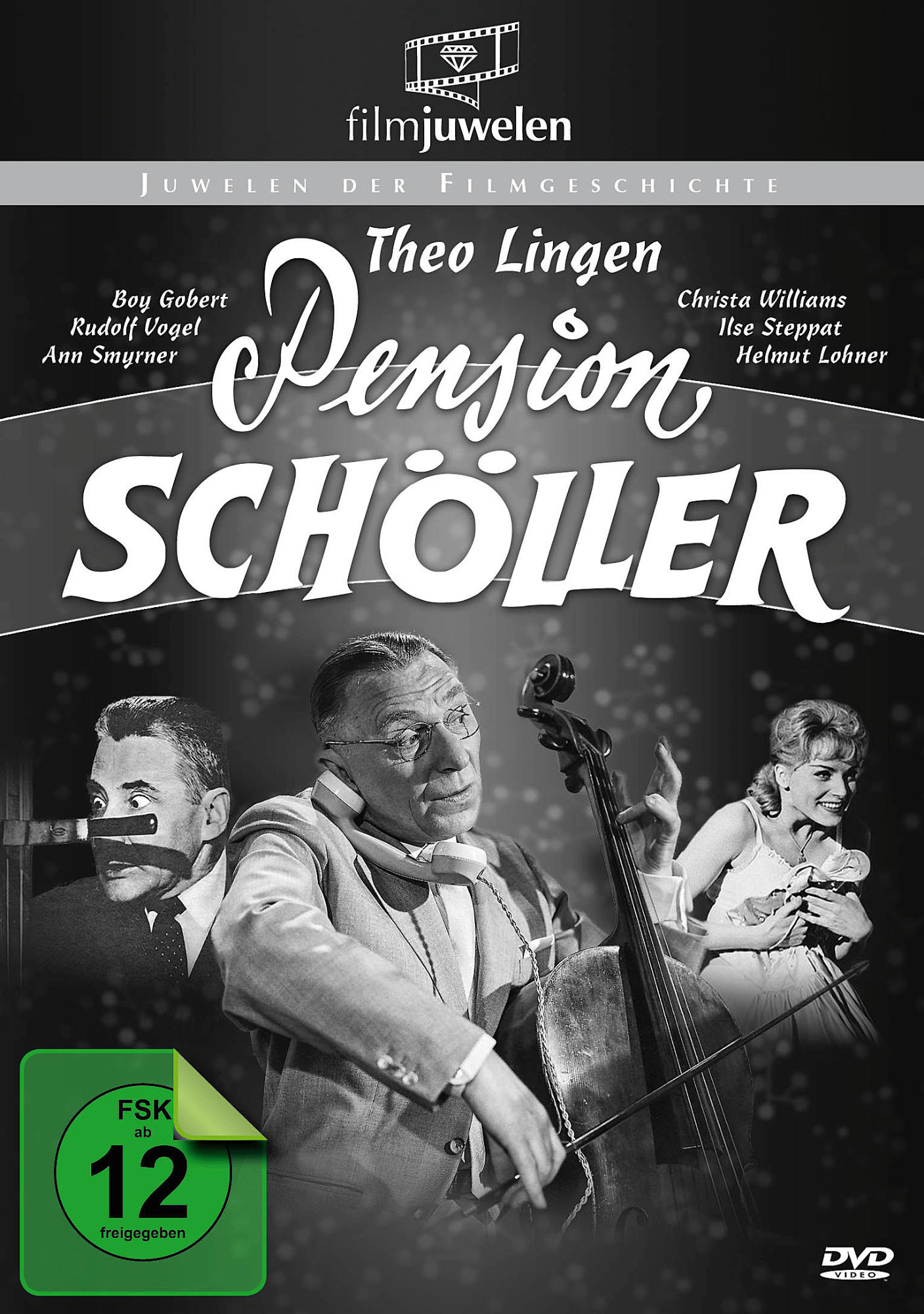 Schwarz-Weiß-Filmplakat für 'Pension Schöller', mit Namen und Bildern der Schauspieler und einem DVD-Logo.