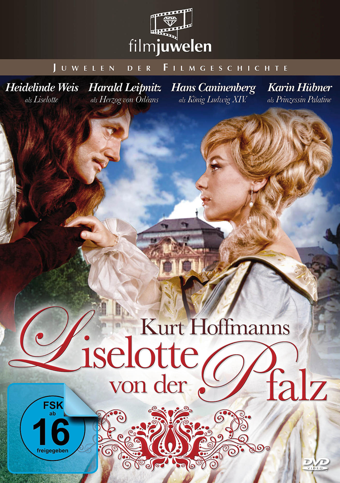 DVD-Cover, zwei Personen, Vintage-Stil, Schloss-Hintergrund. Filmtitel.