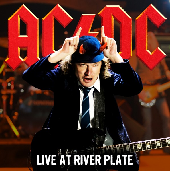 Affiche de concert live d'AC/DC avec un musicien portant des cornes de diable et jouant de la guitare.