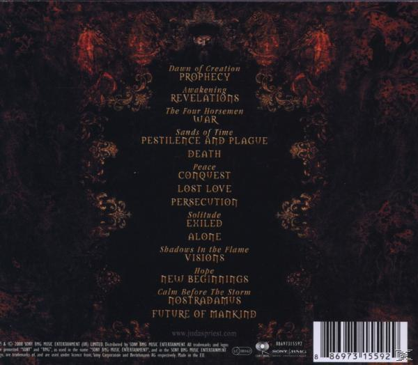 CD-Rückseite des Judas Priest-Albums mit Titelliste und Bandnamen.