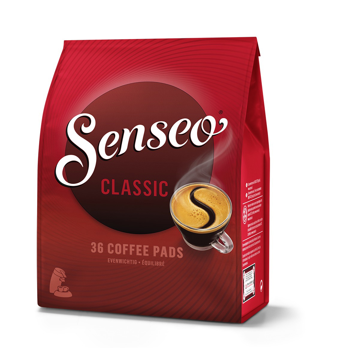 Paquet de dosettes de café Senseo rouge. Image de café dans une tasse. Texte : '36 dosettes'.