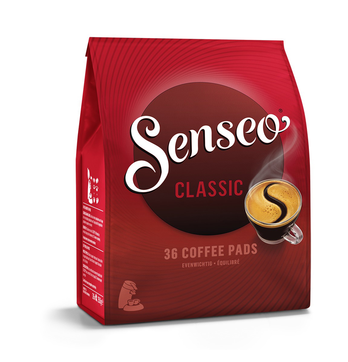 Sachet rouge de dosettes de café Senseo Classic, avec une tasse de café et le logo de la marque.