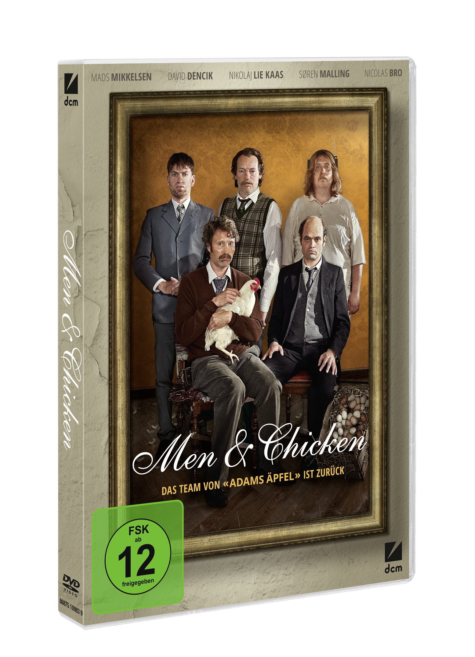 DVD-Cover mit Schauspielern, Titel 'Men & Chicken' und einem Huhn, in einem gerahmten Bild.