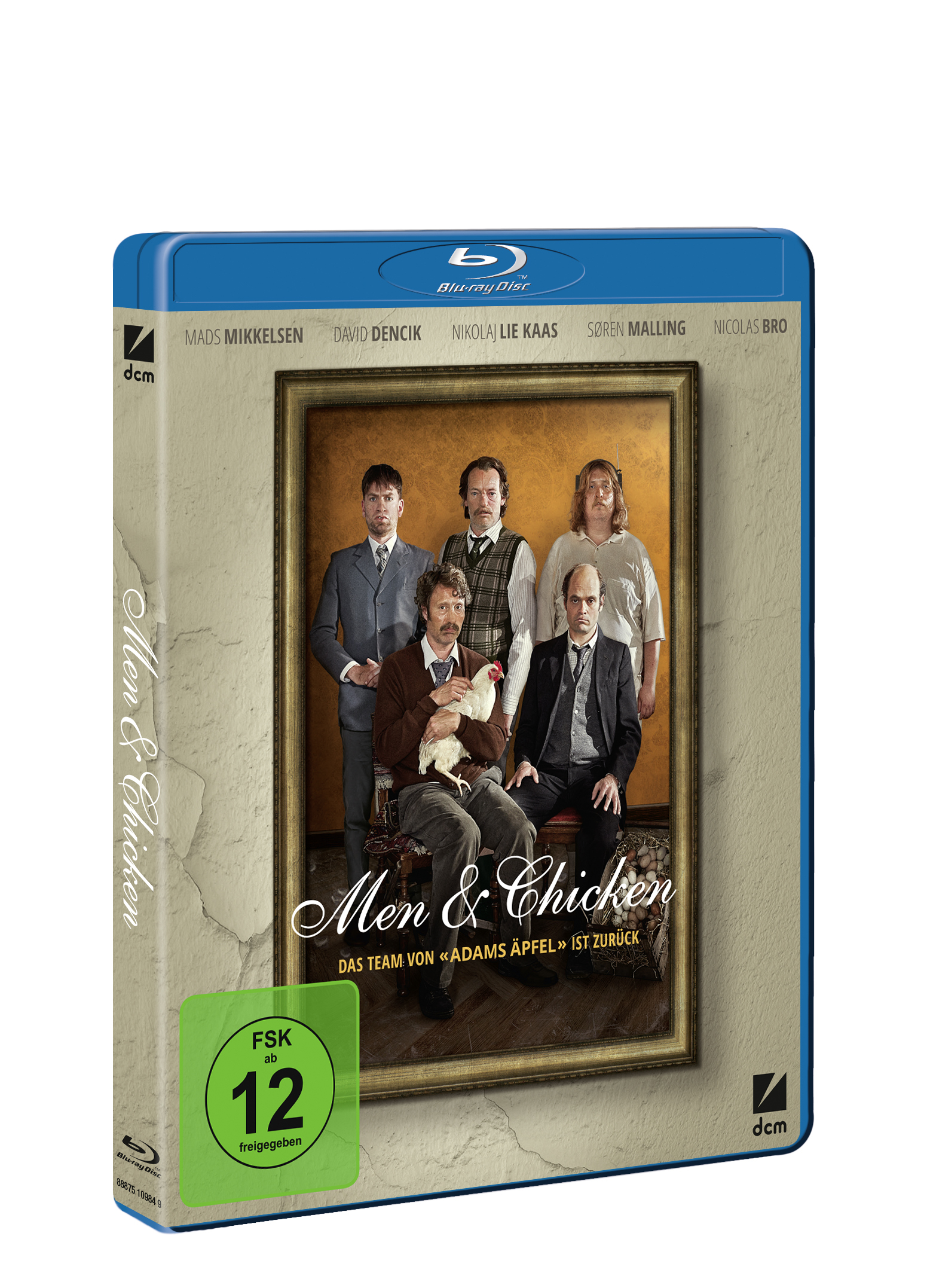 Men & Chicken Blu-ray-Cover. Mit einer Männergruppe und einem Huhn im Porträt.