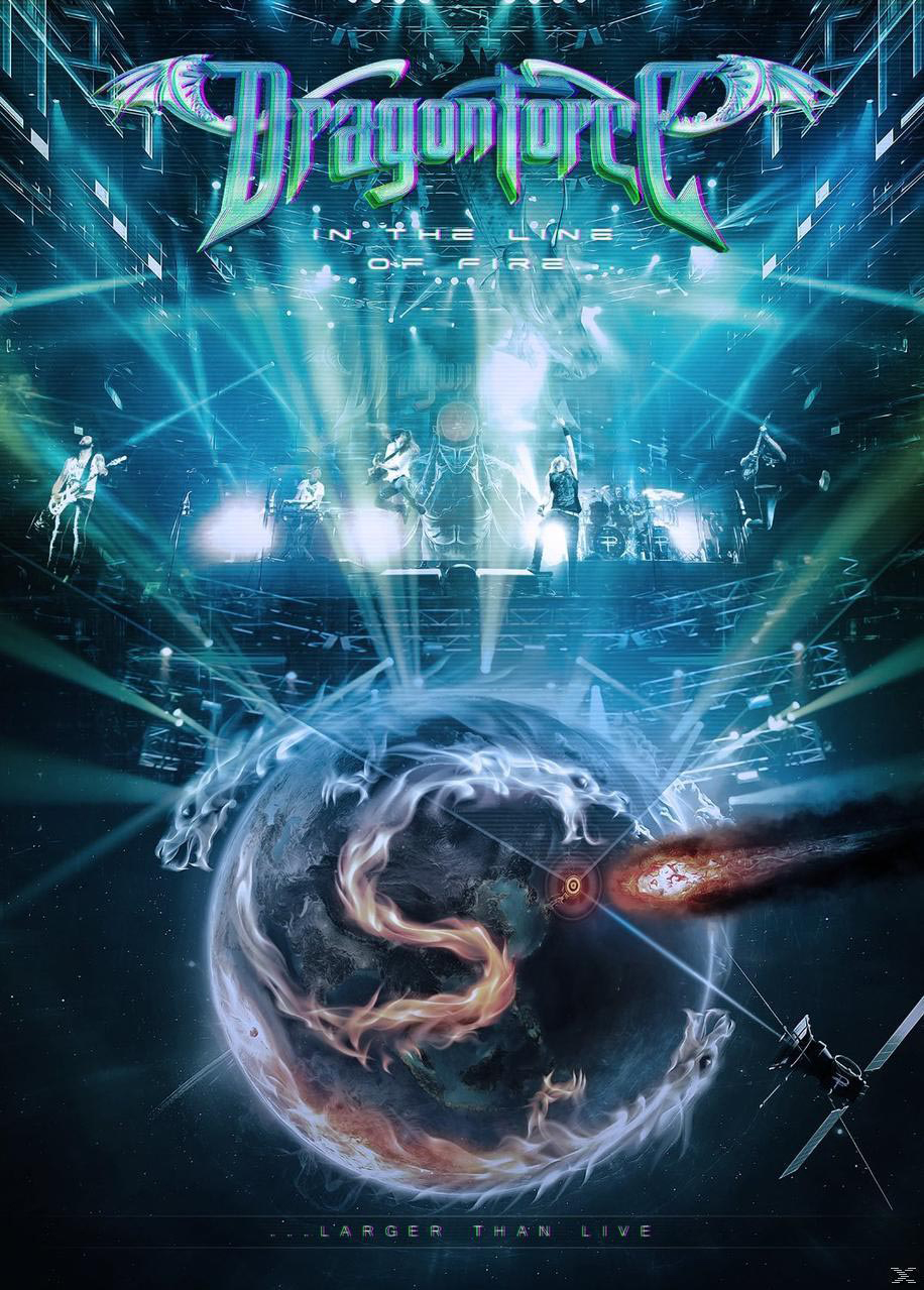 Album borító: Dragonforce. Színpad a zenekar tagjaival, egy földgömb egy üstökössel és egy műholddal.