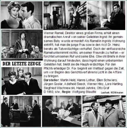 Schwarz-Weiß-Bilder aus einem Film mit deutschem Text, einschließlich Schauspieler und Regisseur.
