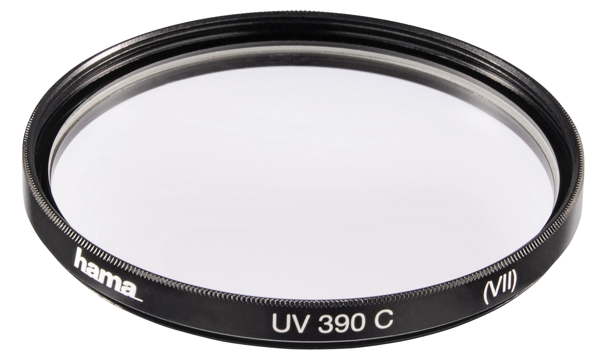 Ein schwarzer UV 390 C Kameraobjektivfilter mit schwarzem Rahmen und klarer Glasscheibe.