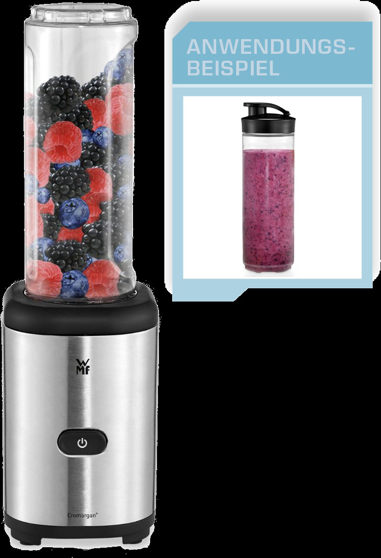 Silberner Mixer mit Beeren und Beispiel des Ergebnisses.