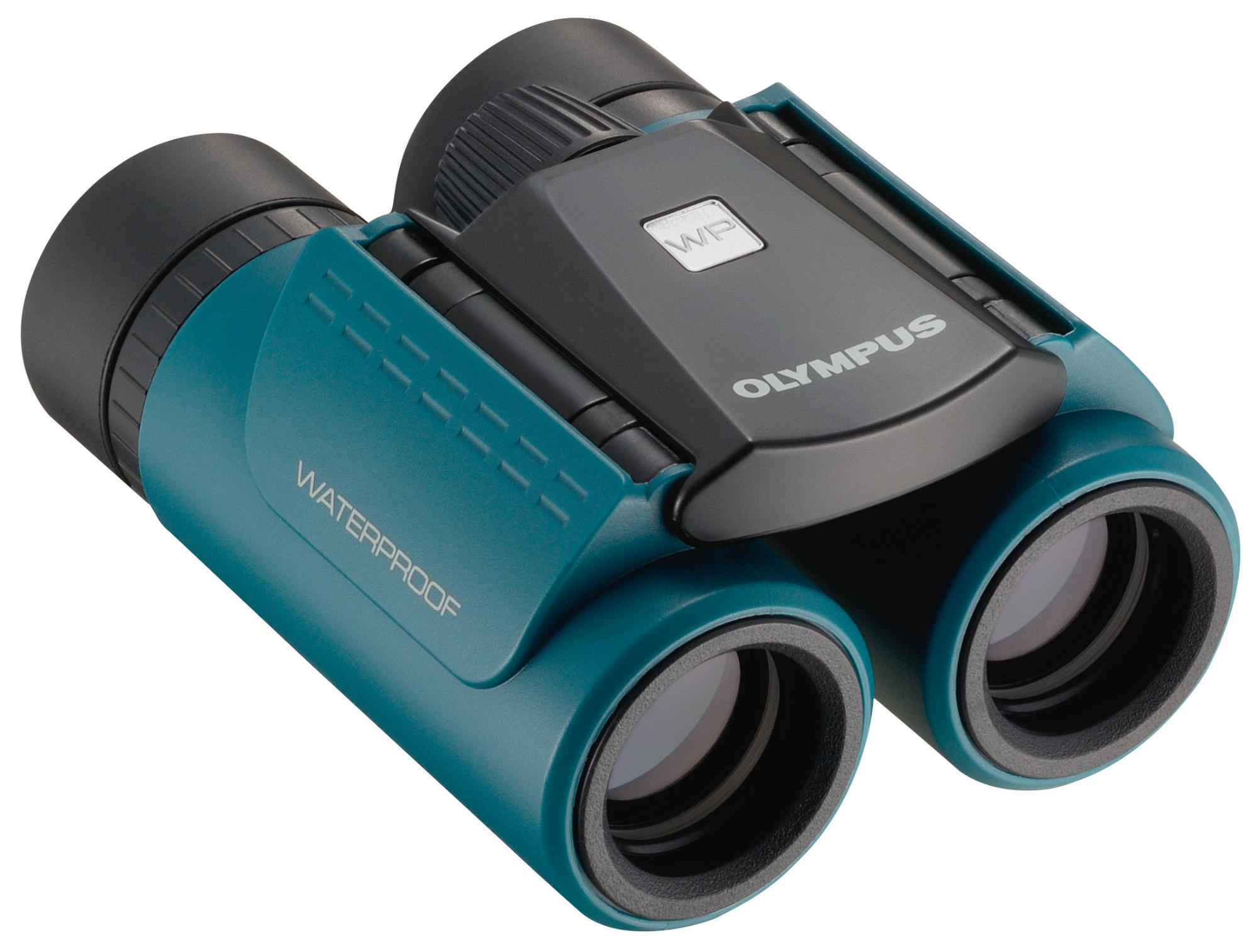 Binocolo verde acqua, parte superiore nera. Testo 'OLYMPUS' e 'WATERPROOF'.