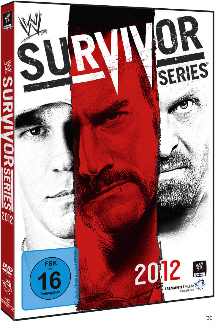 DVD-Cover mit Gesichtern von drei Wrestlern und dem Titel 'Survivor Series 2012'.