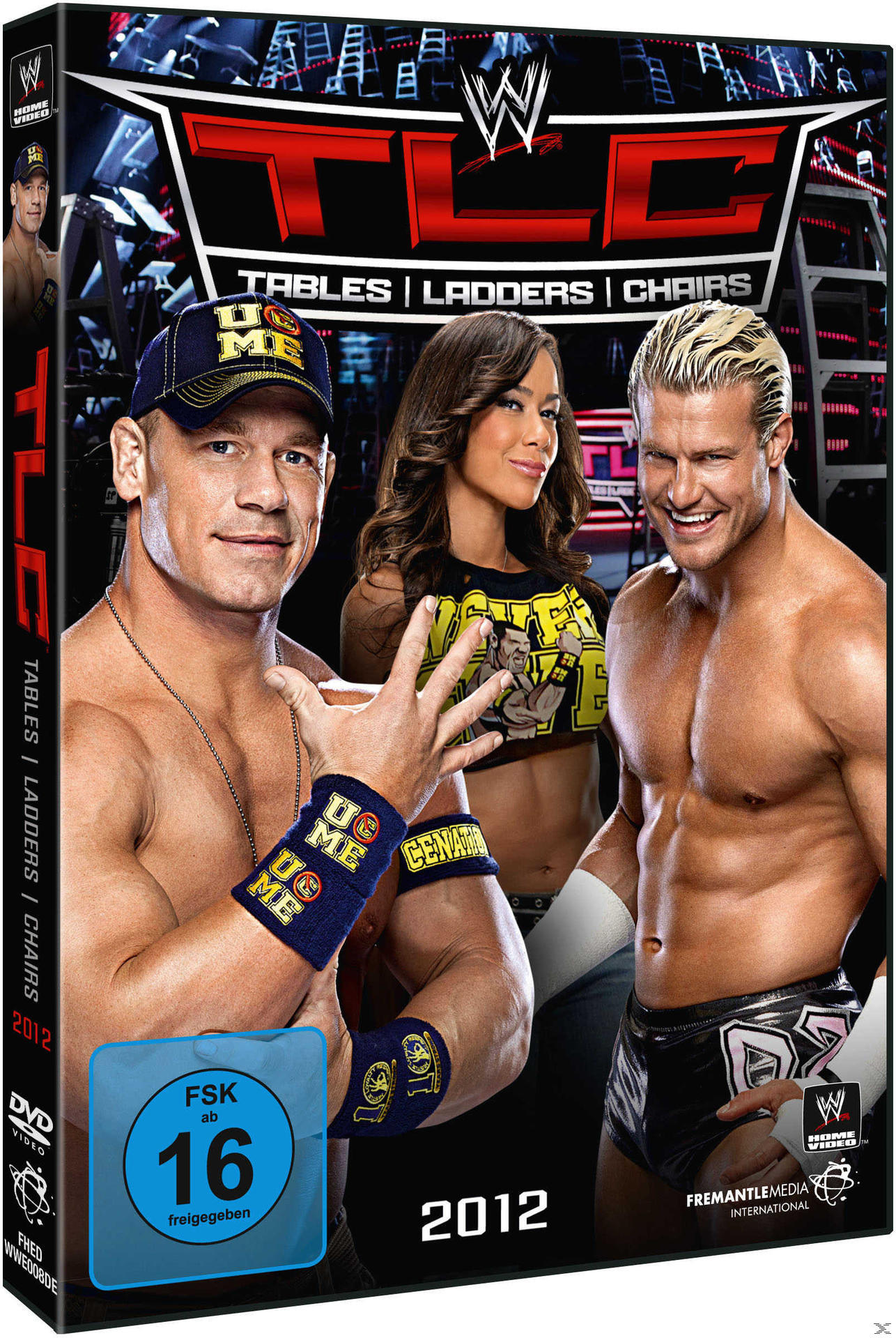 DVD-Cover von WWE TLC 2012. John Cena, eine Frau und Dolph Ziggler sind abgebildet, mit einer Bewertung.
