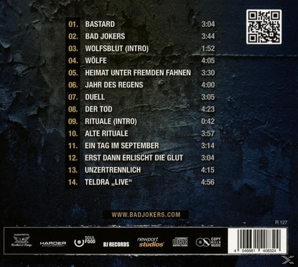 CD-Rückseite mit Trackliste. Dunkelblauer Hintergrund, weißer Text. QR-Code oben rechts.