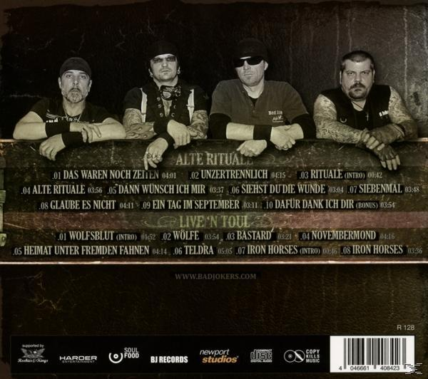 CD-Cover mit vier Männern, Bandmitgliedern. Text: Alte Rituale, Live 'n' Toul. Bad Jokers Logo.