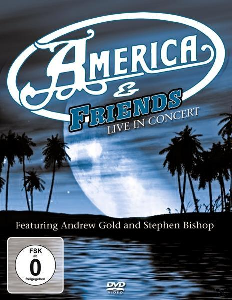 DVD-Cover für 'America & Friends Live in Concert'. Zeigt ein Bandlogo, Palmen und einen Mond im Hintergrund.