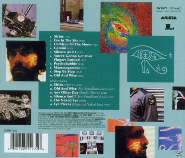 Album-Rückseite mit verschiedenen Bildern, darunter ein Gesicht, ein Auge und Text zur Musik.