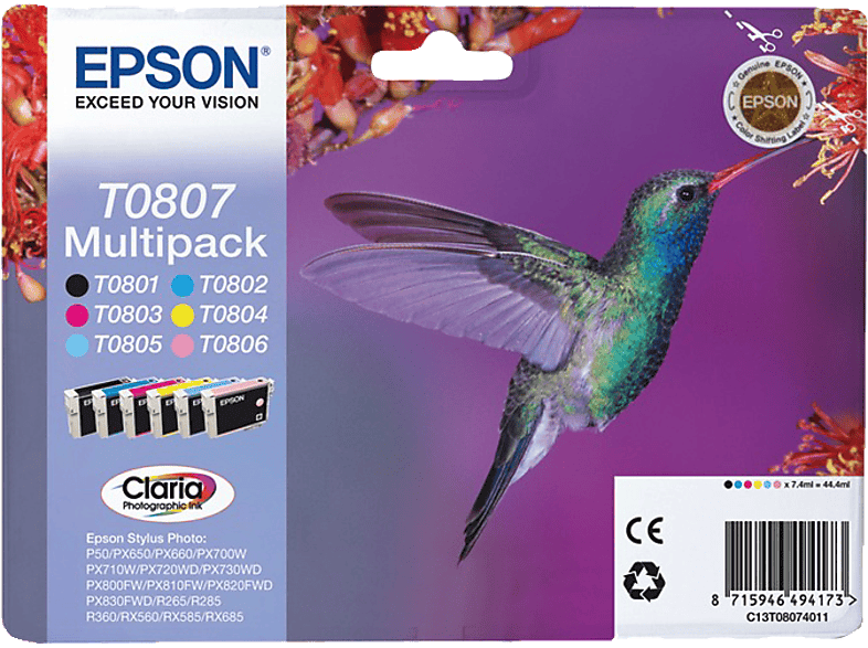 Epson T0807 Noir - Cyan Clair Jaune Magenta (c13t08074021)