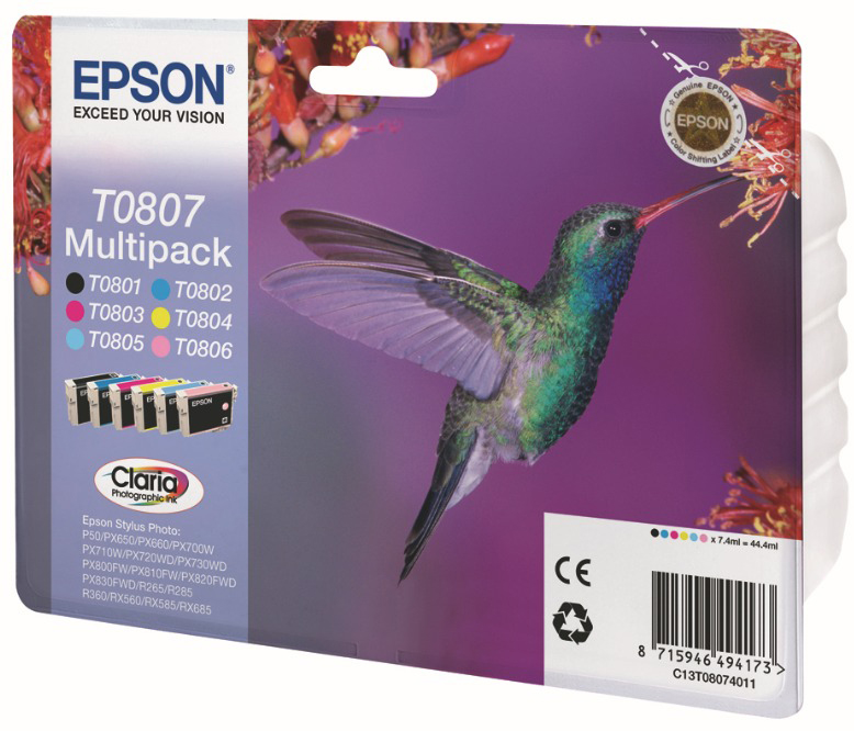 Pack de cartouches d'encre avec une image de colibri. Il contient plusieurs cartouches de couleur. La marque est Epson.