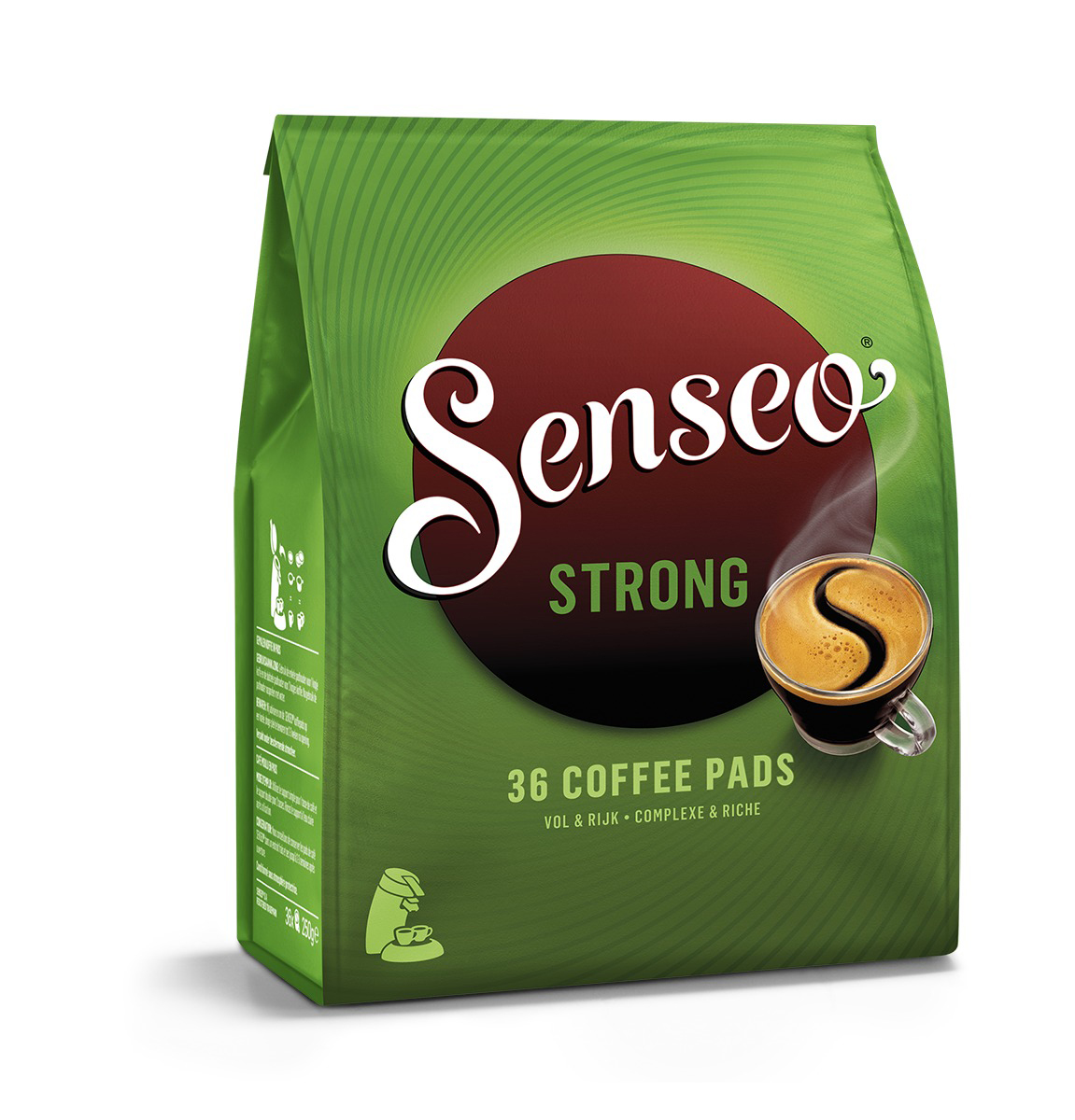 Sac vert de dosettes de café, avec une tasse de café et le texte : Senso Strong.