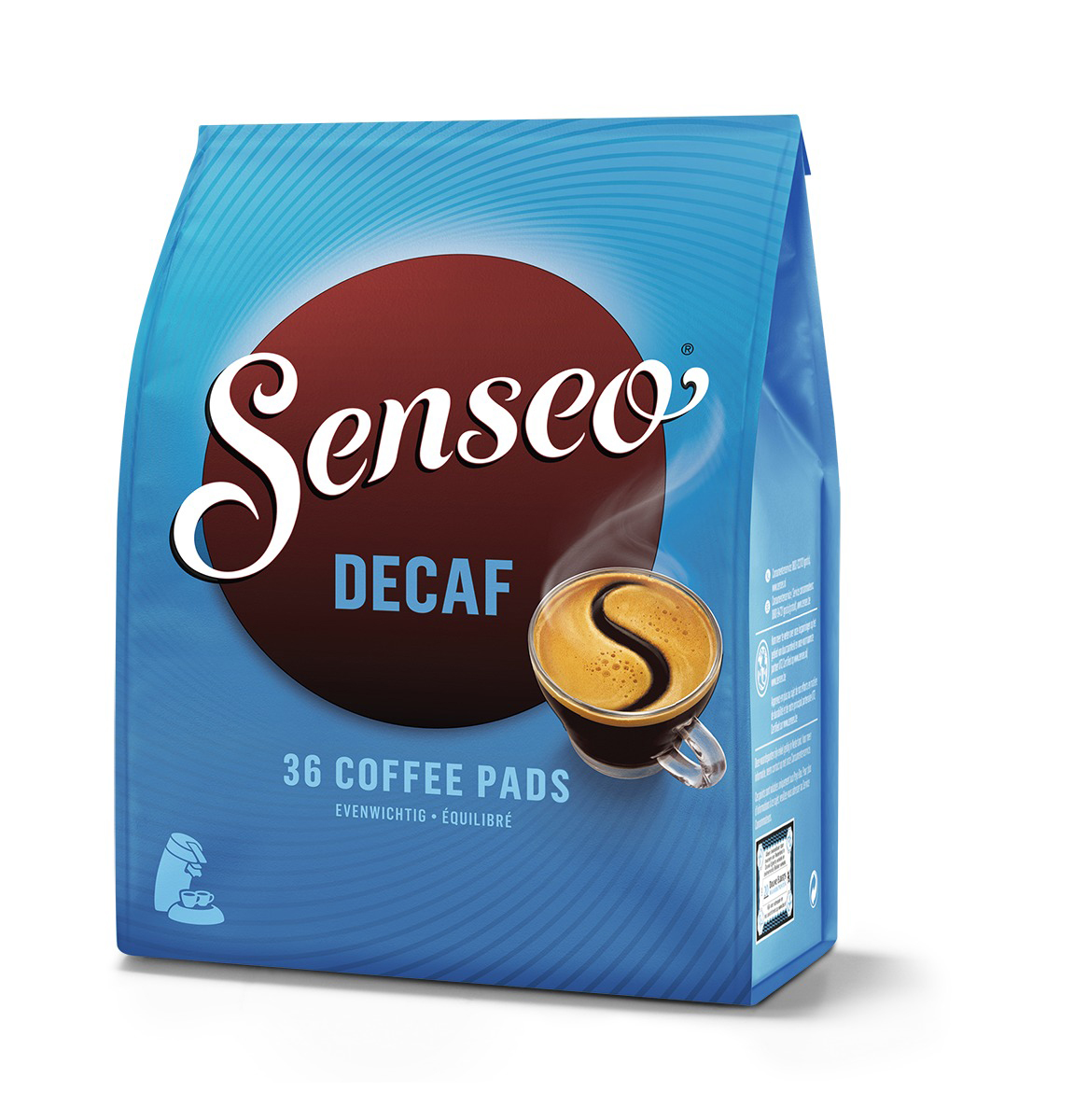 Paquet de dosettes de café Senseo bleu avec une tasse de café, de la vapeur et un logo. Fond blanc.