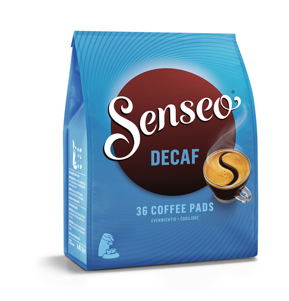 Paquet de dosettes de café Senseo Décaféiné. Sac bleu avec cercle rouge et image de tasse à café.