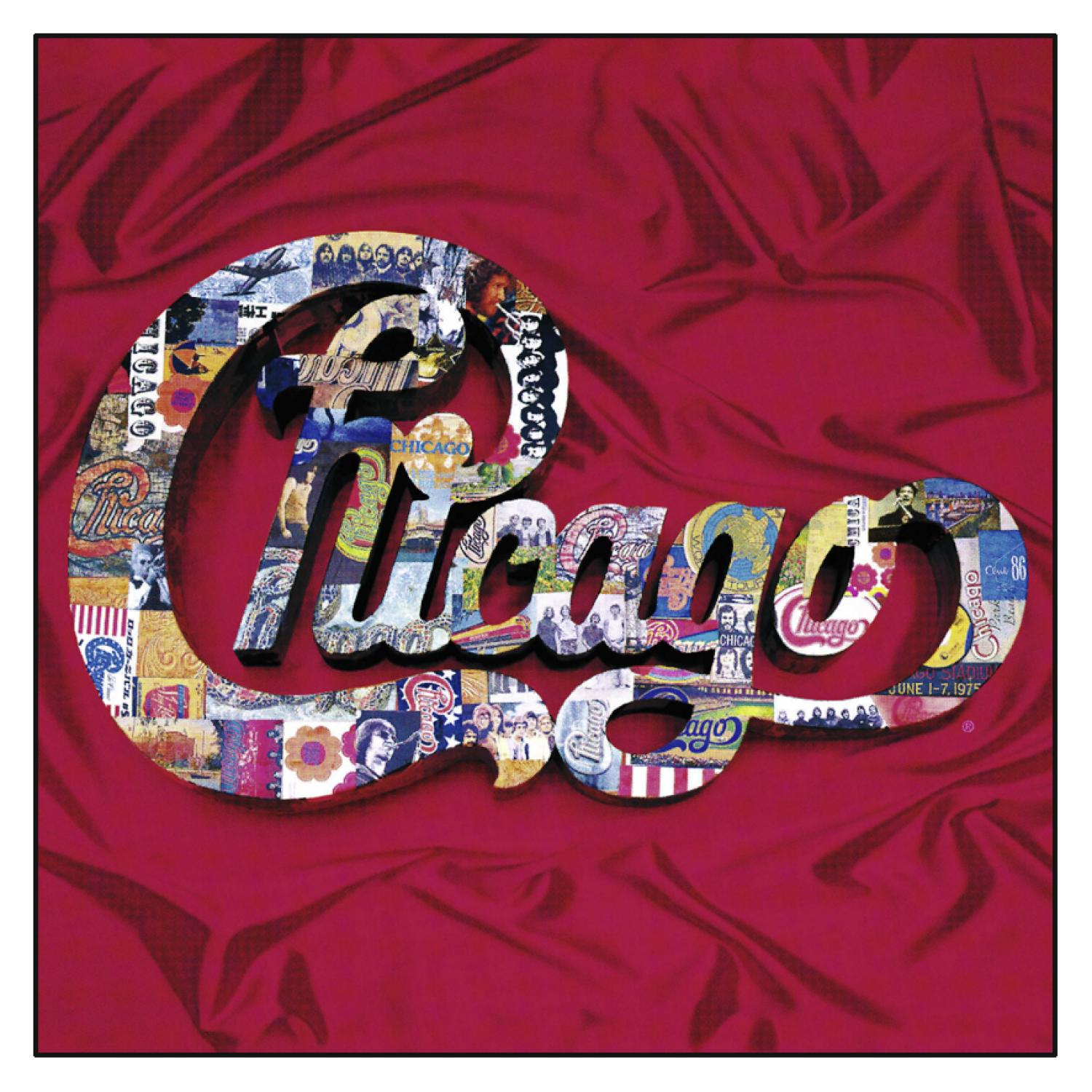 Albumcover. Das Wort Chicago in einer Collage aus Bildern und Text. Roter Hintergrund.