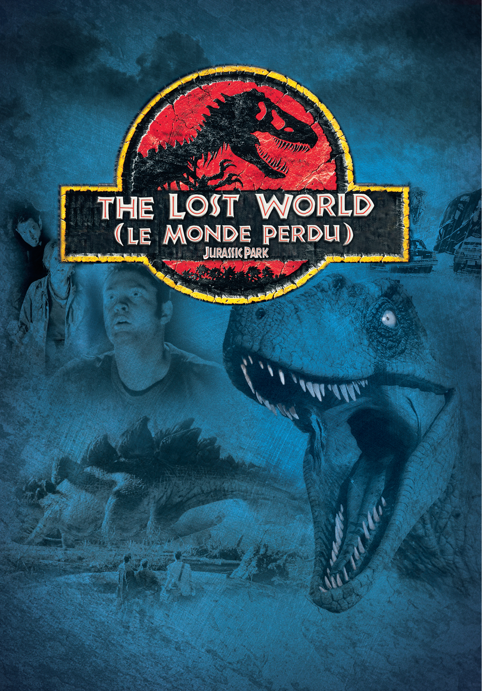 Affiche de film : The Lost World Jurassic Park. Un dinosaure et un homme, avec du texte en anglais et en français.