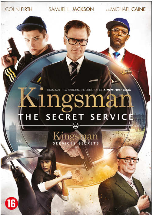 Affiche de film : Acteurs avec des armes, explosions et le titre 'Kingsman : The Secret Service' dans un design circulaire.