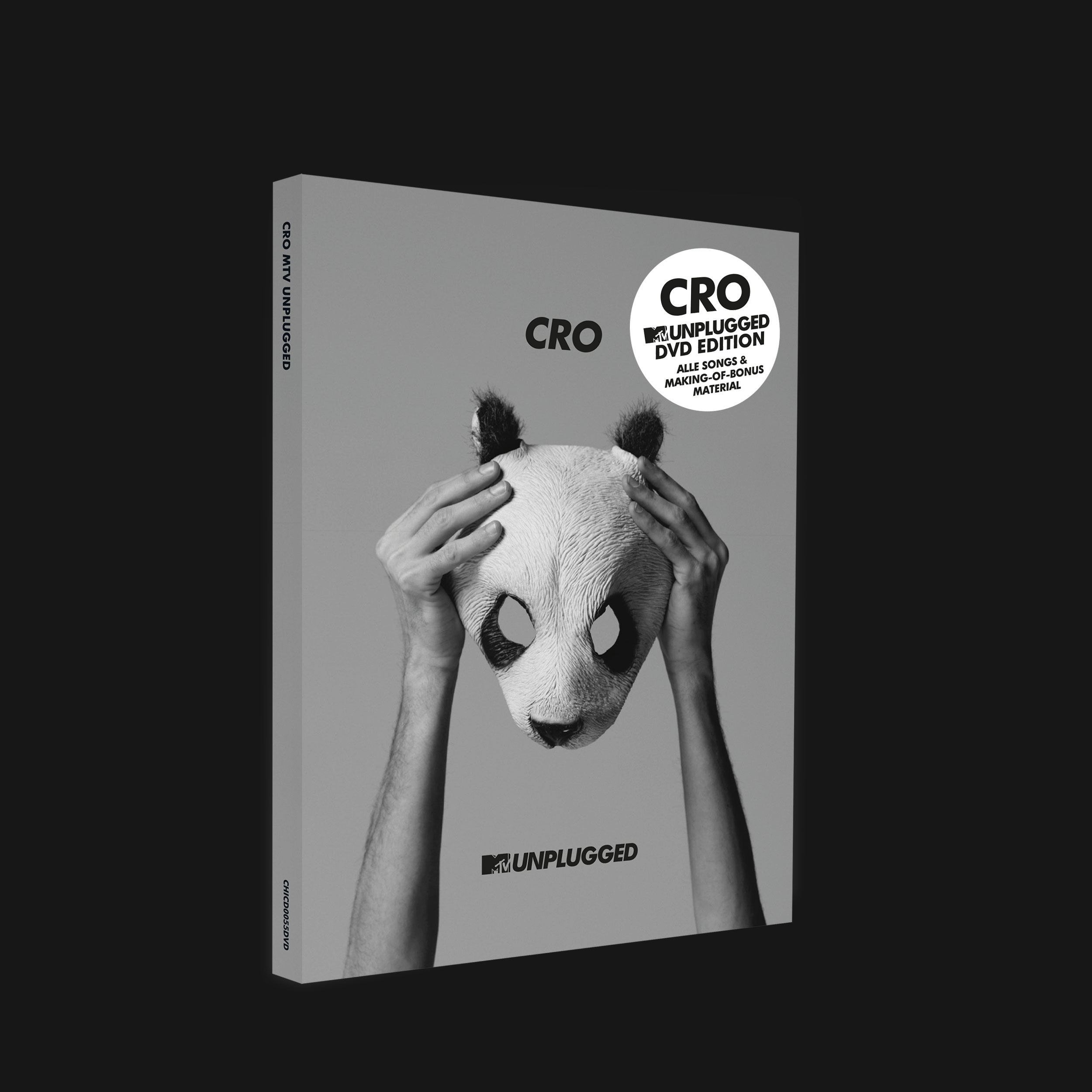 Albumcover: CRO, Pandamaske, Hände. Oben rechts: CRO Unplugged DVD-Edition. Schwarz und weiß.