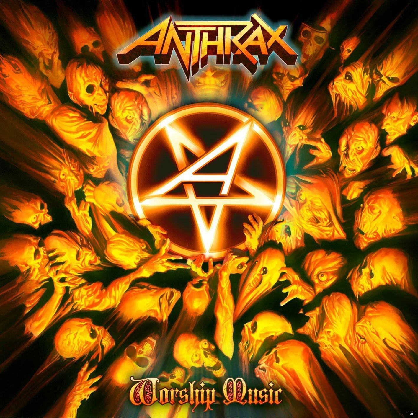 Albumcover für Anthrax' Worship Music. Enthält einen goldenen Stern, Totenköpfe und einen feurigen Hintergrund.
