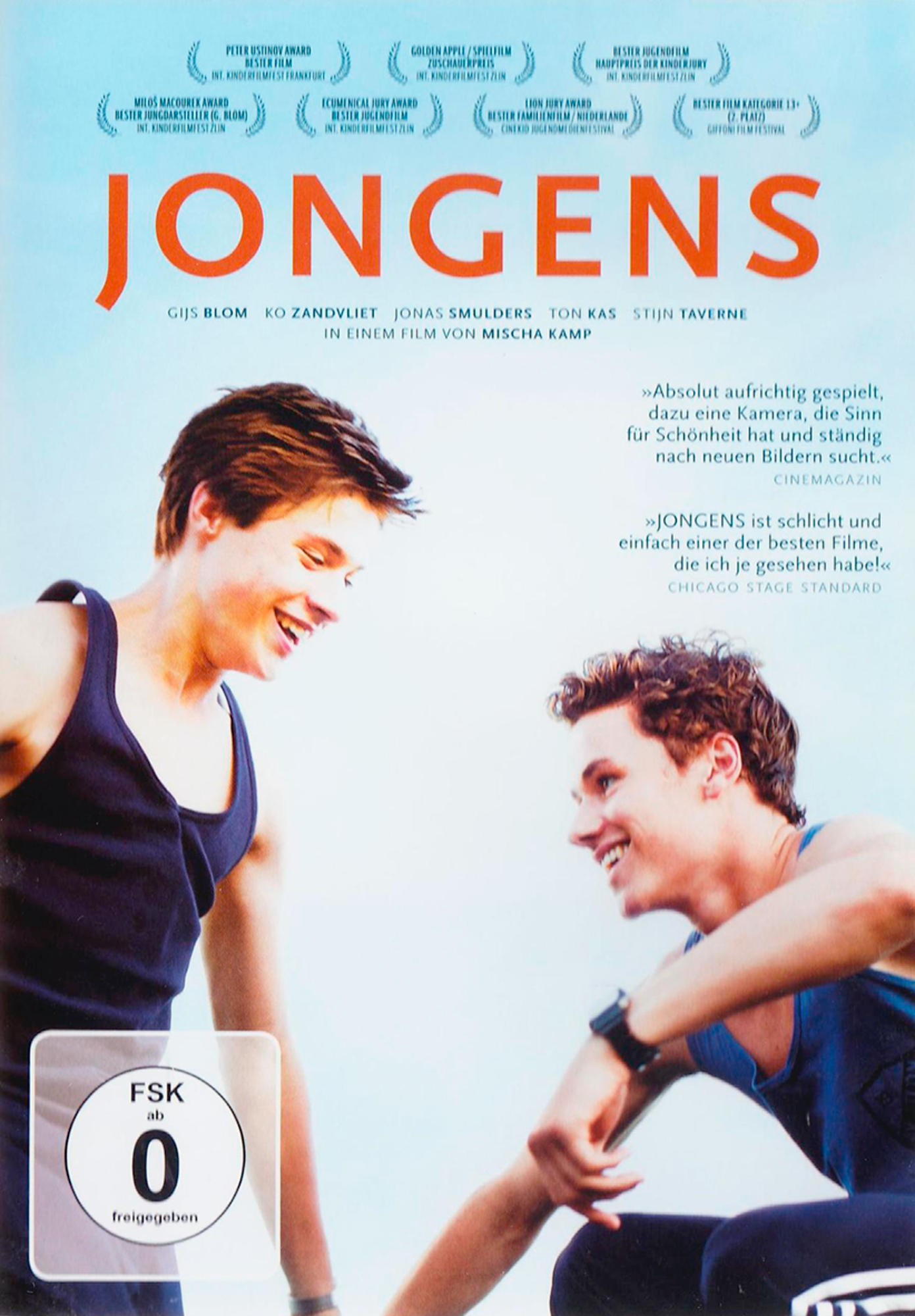 DVD-Cover mit zwei jungen Männern, die lächeln, Titel "Jongens" in Orange. Auszeichnungen und Credits.