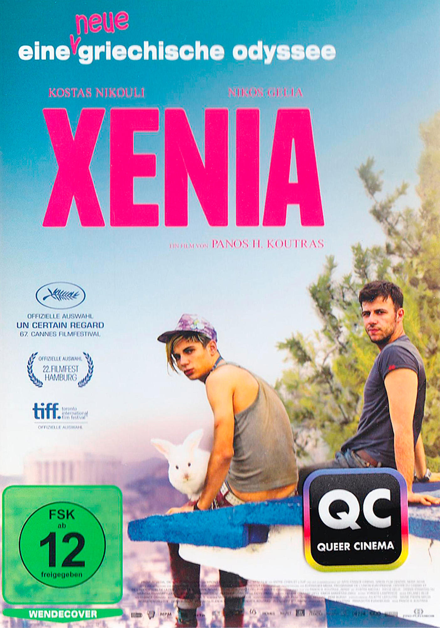 Filmposter für 'Xenia'. Zwei Männer, ein Kaninchen. Rosa Titel.