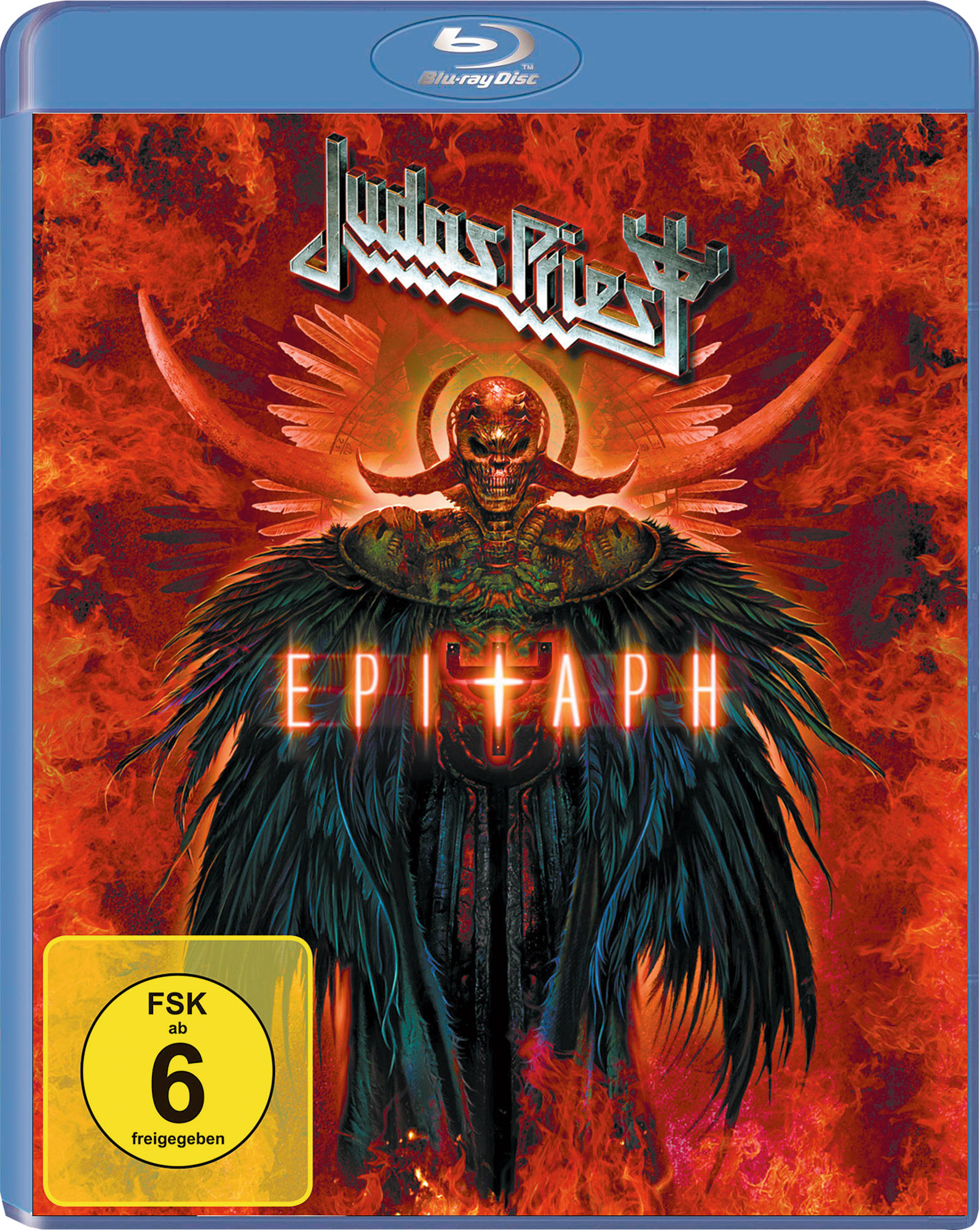 Judas Priest Epitaph Blu-ray Disc Cover. Eine dämonische Figur mit Flügeln vor Flammen, mit dem Logo.