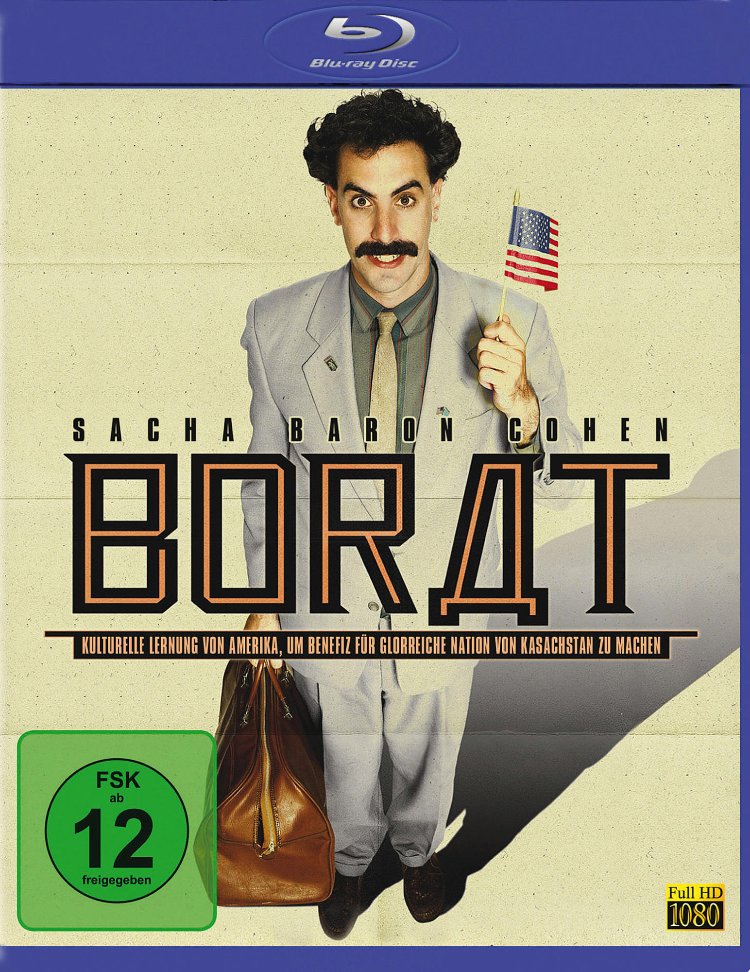 DVD-Cover von 'Borat'. Sacha Baron Cohen hält eine Flagge. Titel und Text sind auf Englisch.