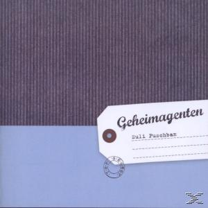 Albumcover. Ein schildartiges Etikett auf blauem Hintergrund. Text 'Geheimagenten' auf dem Etikett.