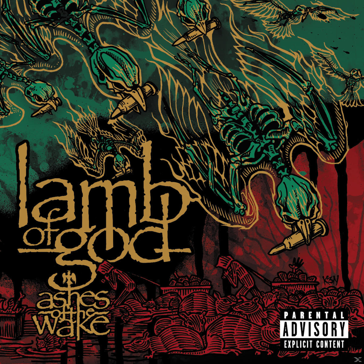 Albumcover mit Skeletten und Kreaturen, roter Hintergrund. Der Titel lautet 'Ashes of the Wake'.