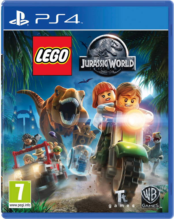 LEGO Jurassic World PS4 játéktok. Lego figurákat, dinoszauruszokat és egy motort ábrázol.