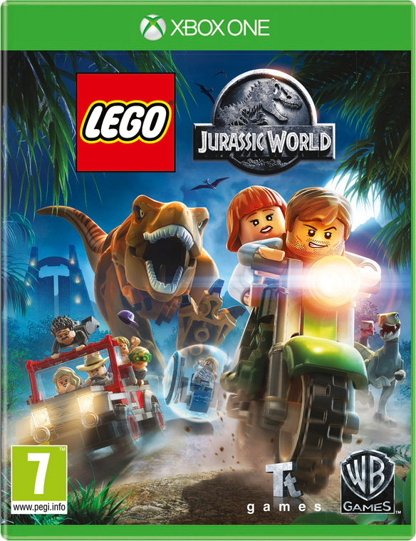 Lego Jurassic World játék borítója. Motorozó karakterek, dzsip, T-Rex látható.