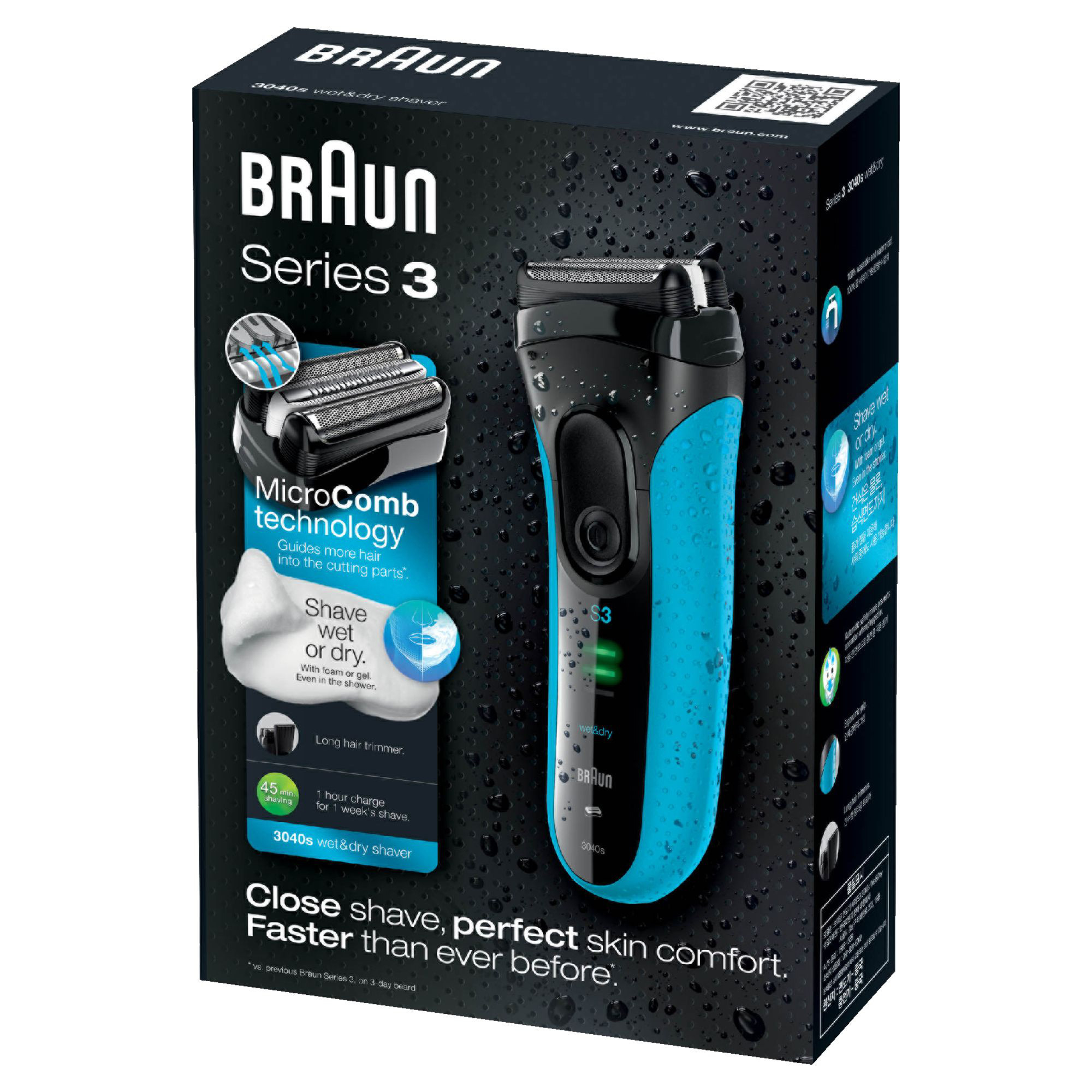 Braun Series 3 Elektrorasierer-Box mit Rasierer und Funktionsbeschreibung.