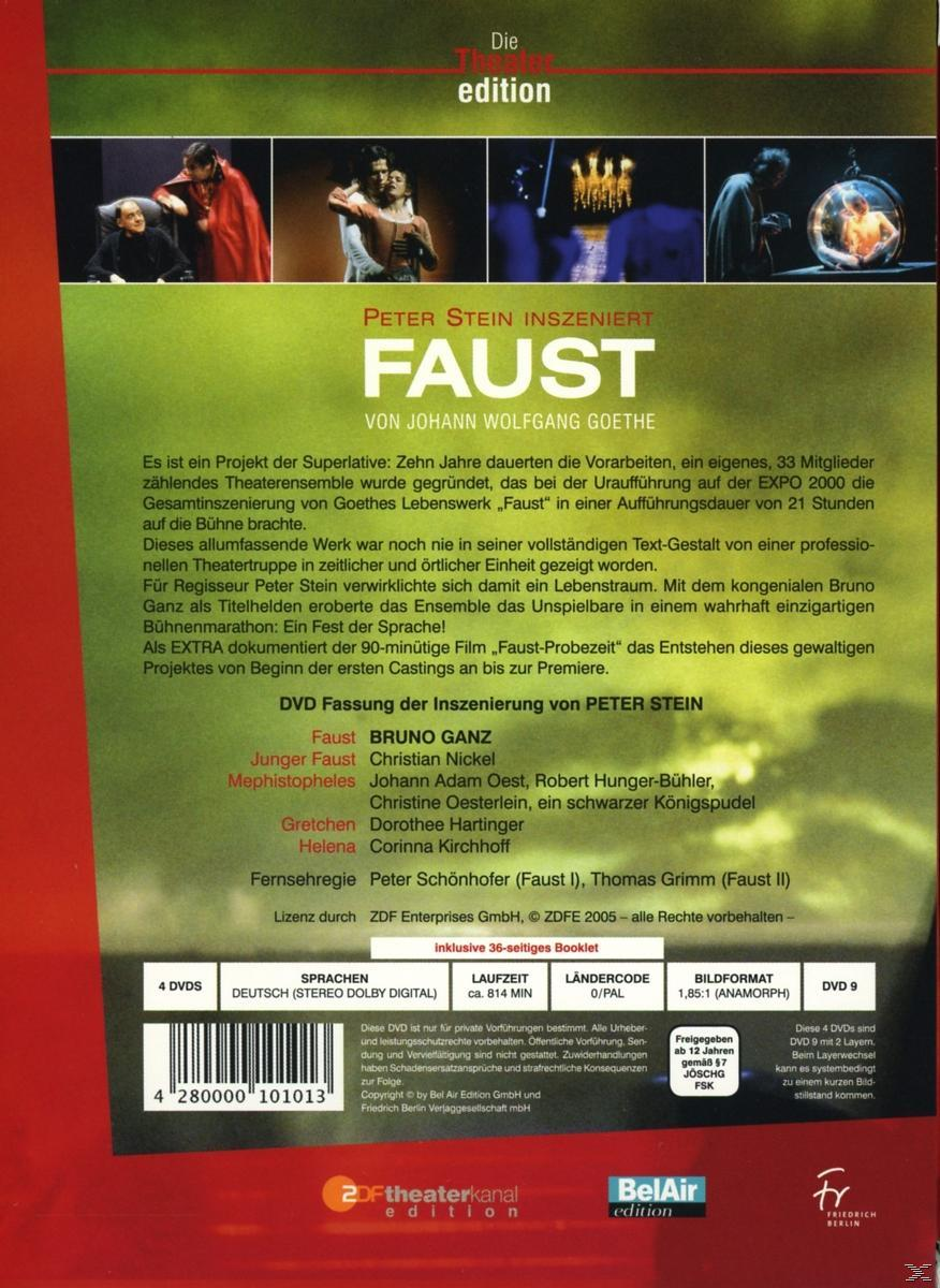 DVD-Cover für das Theaterstück 'Faust' mit Text und Bildern von Schauspielern und Bühnenbild.