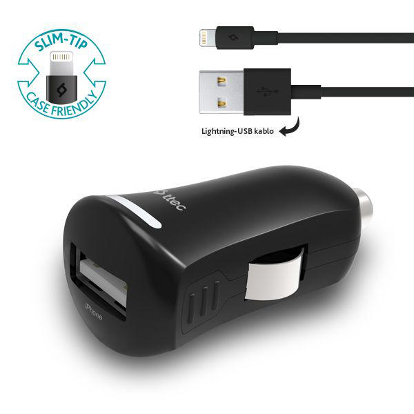 USB bağlantı noktalı ve Lightning-USB kablolu siyah araç şarj cihazı, metin ve logo ile.