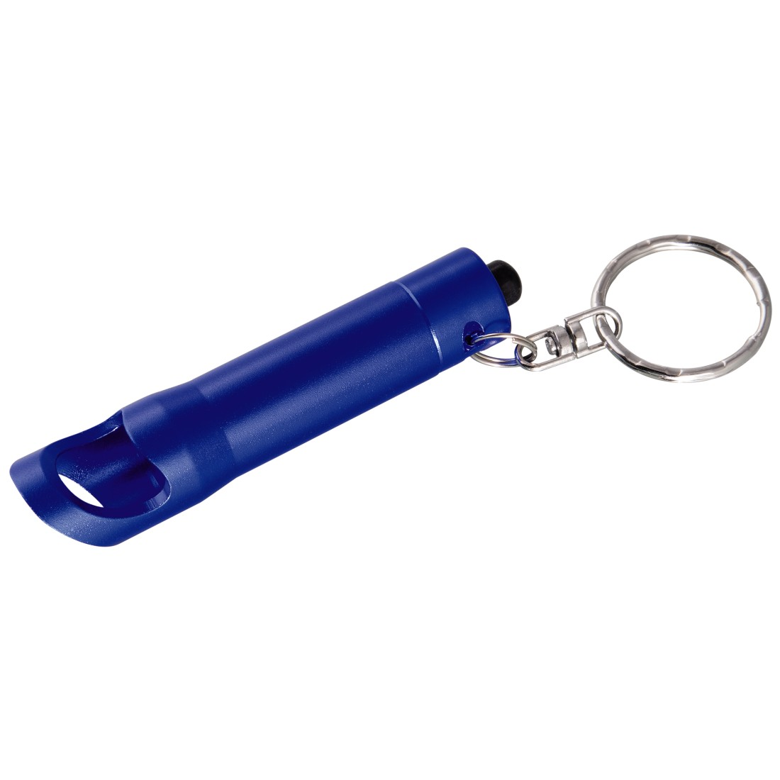 Un sifflet bleu avec un porte-clés attaché. Il est sur fond blanc.