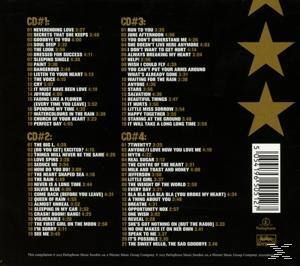 Album-Rückseite mit Titellisten und Text. Goldene Sterne sind zu sehen.